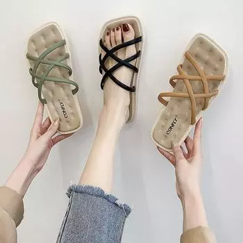 Женские тапочки, мягкие шлепанцы, зеленые сандалии с открытым носком, домашняя обувь для женщин 2024 года, толстая летняя платформа, низкий каблук, роскошь, распродажа F YBW 36