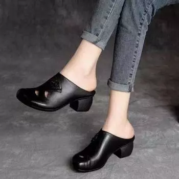 Женские тапочки Мягкие туфли Закрытый носок Высокий каблук Шлепанцы Черные мюли Шлепанцы для лета Средний каблук Шлепанцы 40 чёрный