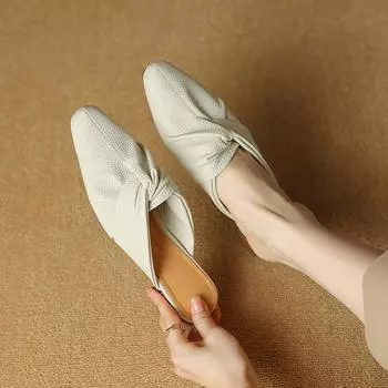 Женские тапочки-мюли, лаконичный стиль, простые туфли на высоком каблуке, мюли из коровьей кожи с квадратным носком, новинка 2024 года, женские уличные тапочки на весну 34 бежевый