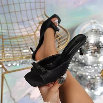 Женские тапочки-мюли на низком каблуке, летние лучшие уличные образы для женщин, сандалии с открытым носком и бантом, женские 35