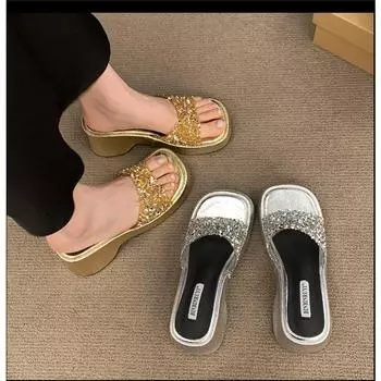 Женские тапочки на блочном каблуке, золотистые босоножки на платформе, повседневные туфли на высоком каблуке, танкетка, серебристые летние дизайнерские тапочки 35 золотой