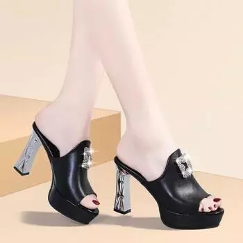 Женские тапочки на кожаной подошве, женские сексуальные мюли на высоком каблуке, черные мюли на платформе с открытым носком, сандалии Emal Slip on Shoes2024 34 чёрный