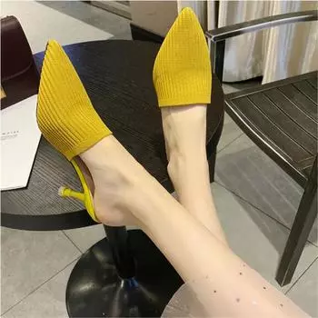 Женские тапочки на ленивых высоких каблуках с острым носком, женские сандалии на высоком каблуке 34 жёлтый