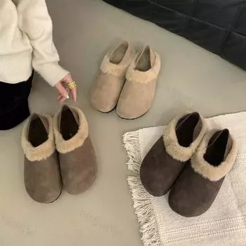 Женские тапочки на меху, короткие плюшевые мюли, туфли 2025 года, женские туфли на платформе из хлопка, замшевые удобные теплые туфли для женщин, Zapatos 35 песочный