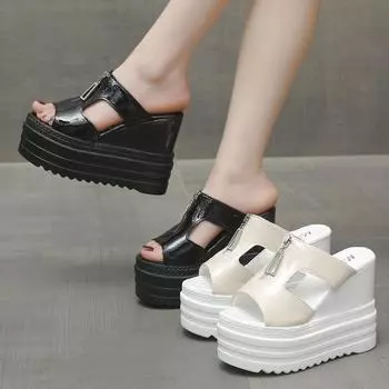 Женские тапочки на очень высоком каблуке 12 см, европейские и американские тапочки на танкетке для ночного клуба, сандалии на толстой подошве и тапочки 34 белый