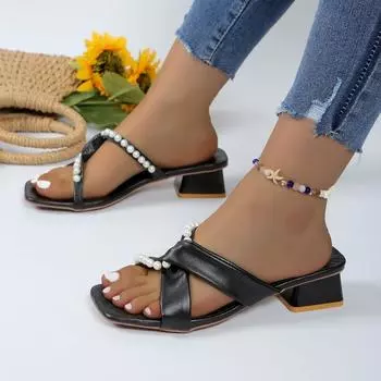 Женские тапочки на открытом воздухе на высоком каблуке, летняя высококачественная платформа с жемчужным украшением, нескользящая дизайнерская женская обувь больших размеров 35