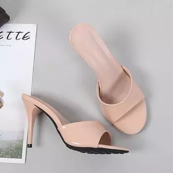 Женские тапочки на открытом воздухе Новые летние тапочки на высоком каблуке Женские тапочки на высоком каблуке Лакированные женские сандалии Большие размеры 34 абрикосовый