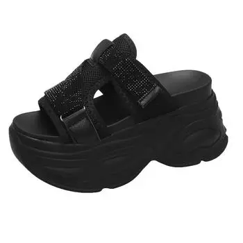 Женские тапочки на платформе 8,5 см, сетчатые сандалии на толстой подошве, пляжная обувь, блестящие туфли на танкетке с открытым носком, женские уличные шлепанцы 34