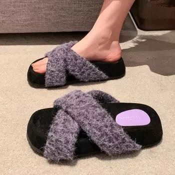 Женские тапочки на платформе, домашние туфли из хлопка, зима 2025 года, новые тенденции, шлепанцы с открытой пяткой, модная и уютная обувь Zapatillas Mujer 35 бежевый