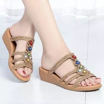 Женские тапочки на платформе, новая летняя модная пляжная обувь, женские тапочки на танкетке с жемчугом высотой 5–7 см. 37