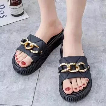 Женские тапочки на платформе с цепочкой на высоком каблуке, женская повседневная обувь, летние уличные белые черные шлепанцы, женские пляжные пантуфли De Mujer 36 зелёный