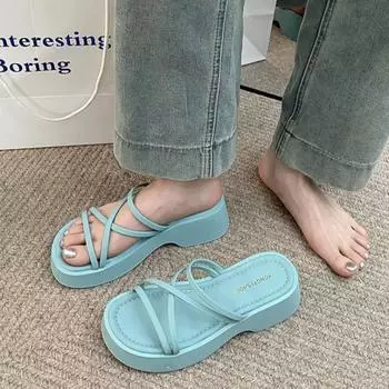 Женские тапочки на платформе, универсальная летняя женская обувь, повседневная домашняя верхняя одежда, однотонные тапочки с перекрестными ремешками, пляжные римские тапочки 35 абрикосовый