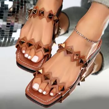 Женские тапочки на плоской подошве 2025 года, летние, квадратные, с одним иероглифом, заклепки, модные, со стразами, повседневные, пляжные, классные тапочки 36 чёрный