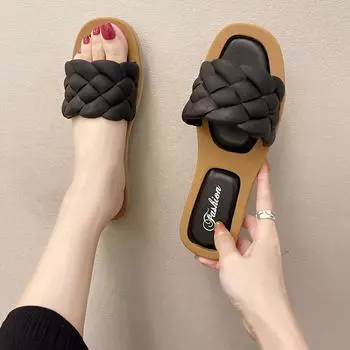 Женские тапочки на плоской подошве 2025 года, новые летние сандалии из ПУ с плетеным верхом для студентов, повседневная одежда, пляжная обувь с одним персонажем 36 белый