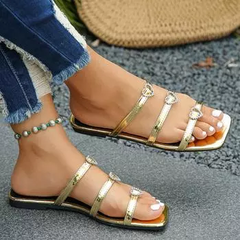 Женские тапочки на плоской подошве, летние, новые, большого размера, с носком со стразами, квадратной головкой, классные модные тапочки 36 золотой