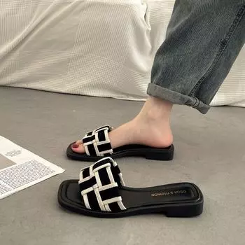 Женские тапочки на плоской подошве летом, модные однотонные женские тапочки и пляжные сандалии. 35 бежевый