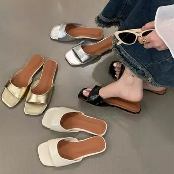 Женские тапочки на плоской подошве, модные с открытым носком, женские сандалии для отдыха на пляже, летние женские серебристые туфли, повседневные шлепанцы с квадратным носком 35 бежевый