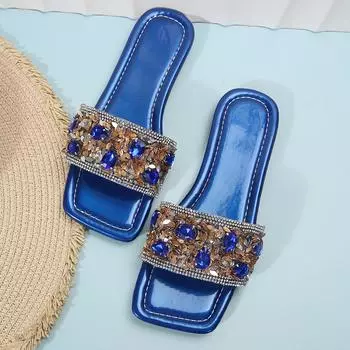 Женские тапочки на плоской подошве Роскошные золотые пляжные туфли с кристаллами Летние сандалии Женские новые шлепанцы Повседневная обувь Mujer 36 синий