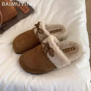 Женские тапочки на плоской подошве с бантом из меха и хлопка, короткие плюшевые замшевые дизайнерские мюли, тренд 2025 года, теплые зимние туфли для ходьбы и снега, женские туфли 35