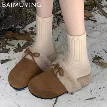 Женские тапочки на плоской подошве с бантом из меха и хлопка, короткие плюшевые замшевые дизайнерские мюли, тренд 2025 года, теплые зимние туфли для ходьбы и снега, женские туфли 35