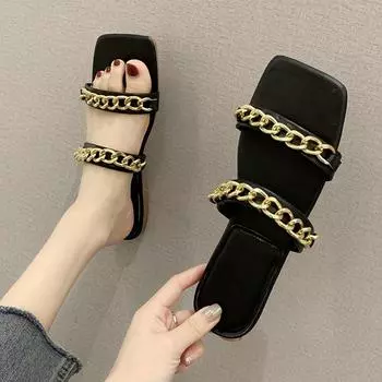 Женские тапочки на плоской подошве с цепочкой, дизайнерские сандалии, новые туфли с квадратным носком, женские шлепанцы, летние повседневные женские шлепанцы 43 красный