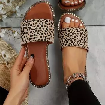 Женские тапочки на плоской подошве с леопардовым принтом, модные нескользящие шлепанцы с открытым носком, уличные и домашние тапочки 36 верблюд