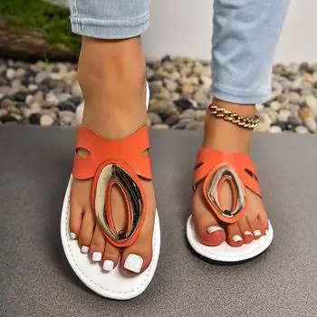 Женские тапочки на плоской подошве с металлическим украшением, летние нескользящие шлепанцы на низкой платформе, уличные легкие устойчивые сандалии Wera 43 оранжевый