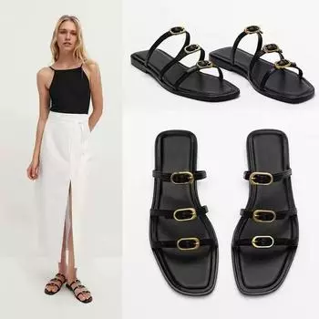 Женские тапочки на плоской подошве с пряжкой и ремешком, лето 2024, женские тапочки с круглым носком и открытым носком, новые черные домашние сандалии для отдыха, обувь 34 чёрный