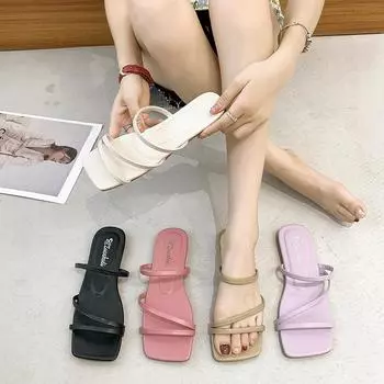 Женские тапочки на плоской подошве с тонкими ремешками для повседневной пляжной носки 35 фиолетовый