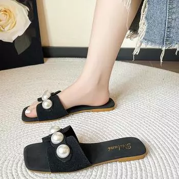 Женские тапочки на плоской подошве с жемчугом, новые легкие повседневные высококачественные нескользящие женские пляжные тапочки с квадратной головкой 35