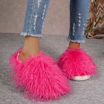 Женские тапочки на плоской подошве, весенние и осенние роскошные меховые тапочки, теплые домашние хлопковые туфли, домашние меховые шлепанцы, женская популярная обувь для женщин 36-37 чёрный