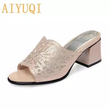 Женские тапочки на среднем каблуке, новые летние блестящие модные женские тапочки, повседневные универсальные женские тапочки одной линии с открытым носком