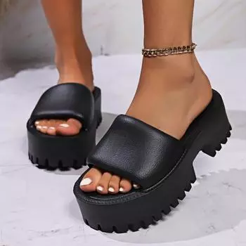 Женские тапочки на среднем каблуке, удобная обувь на платформе, повседневные пляжные шлепанцы, сандалии, новинка 2024 года, летние брендовые шлепанцы для ходьбы, женские 36 чёрный