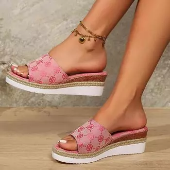 Женские тапочки на танкетке 2024 года, новые летние босоножки на платформе, роскошные дизайнерские тапочки, прогулочные туфли на высоком каблуке, женские шлепанцы 36 серый