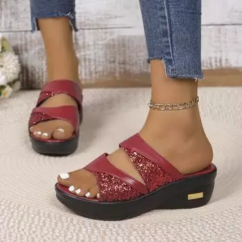 Женские тапочки на танкетке, летние 2024, новые сандалии на платформе с открытым носком, удобные неглубокие тапочки для улицы, дизайнерские пляжные шлепанцы для женщин 35 золотой