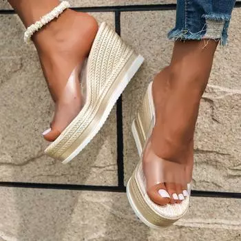 Женские тапочки на танкетке, лето 2024, новые большие размеры, прозрачный каблук-рыбье клюв, толстая подошва, классные тапочки 36 прозрачный