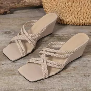 Женские тапочки на танкетке, модные летние сандалии, открытые шлепанцы, модная обувь 2025 года, удобные пляжные шлепанцы, повседневные туфли с открытой пяткой, Zapatos Mujer 35 абрикосовый