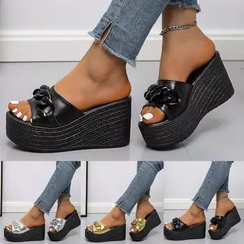 Женские тапочки на танкетке Muffin с открытым носком. Женские туфли на платформе и высоком каблуке. 40 чёрный