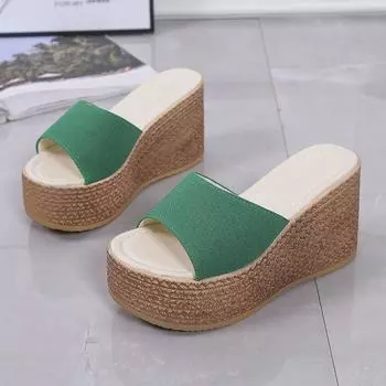 Женские тапочки на танкетке, повседневные слипоны на платформе с открытым носком, летние однотонные уличные женские пляжные тапочки с круглой головкой 34