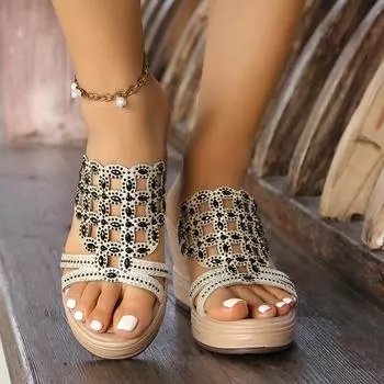 Женские тапочки на танкетке с квадратным полом и декором, роскошные сандалии со стразами на толстой подошве, лето 2024, мягкая износостойкая мужская обувь 40 синий