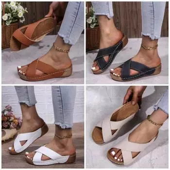 Женские тапочки на толстой танкетке — большой размер, круглый носок, без застежек, однотонные, сандалии с перекрестными ремешками 42 белый