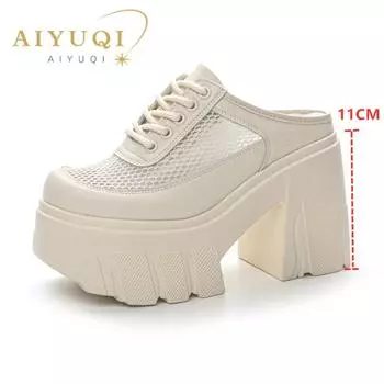 Женские тапочки на высоком каблуке, летние женские тапочки с закрытым носком, женские тапочки на платформе с сеткой высотой 11 см 34 бежевый