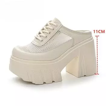 Женские тапочки на высоком каблуке, летние женские тапочки с закрытым носком, женские тапочки на платформе с сеткой высотой 11 см 34 бежевый