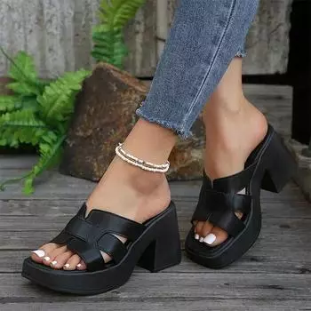 Женские тапочки на высоком каблуке, модельные туфли на платформе, модные пляжные сандалии на массивном каблуке, летние шлепанцы 36 чёрный