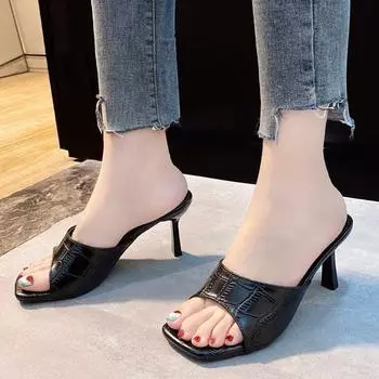 Женские тапочки на высоком каблуке, новинка 2024 года, летние модные шлепанцы с квадратным носком, дизайнерские шлепанцы с открытым носком и открытой пяткой, женские туфли-лодочки 35 чёрный