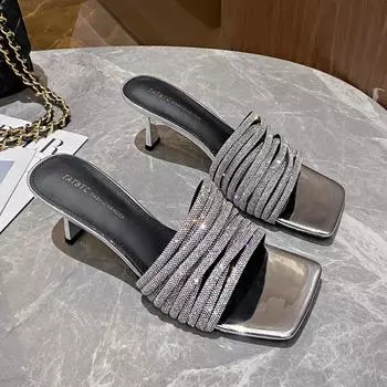 Женские тапочки на высоком каблуке. Современная тонкая женская обувь на высоком каблуке. Распродажа. Лето 2024. Новые сексуальные женские тапочки с кристаллами. 35 чёрный