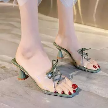 Женские тапочки на высоком каблуке, стеклянные туфли, прозрачные шлепанцы, туфли-лодочки с открытым носком, резиновые туфли на шнуровке, сексуальные туфли на каблуках для женщин 3589 4 армия зеленый