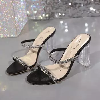 Женские тапочки, новинка 2024 года, летние модные шлепанцы на высоком каблуке со стразами и открытым носком, женские прозрачные туфли на каблуке, Zapatos 35 чёрный