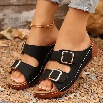Женские тапочки, новые босоножки на танкетке с открытым носком и двойной пряжкой, повседневные тапочки на платформе больших размеров, женские шлепанцы, женские туфли Zapatos De Mujer 36