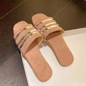 Женские тапочки, новые летние туфли на плоской подошве в металлическую полоску, модные шлепанцы без шнуровки, уличные женские повседневные женские сандалии, большие размеры 43 35